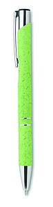 Push button ball pen in 50% wheat straw and 50% ABS material with silver fittings. Blue ink.