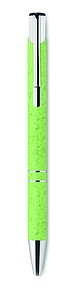 Push button ball pen in 50% wheat straw and 50% ABS material with silver fittings. Blue ink.