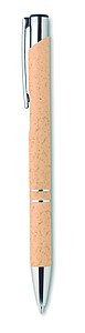 Push button ball pen in 50% wheat straw and 50% ABS material with silver fittings. Blue ink.