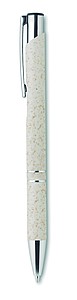 Push button ball pen in 50% wheat straw and 50% ABS material with silver fittings. Blue ink.