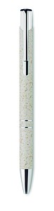 Push button ball pen in 50% wheat straw and 50% ABS material with silver fittings. Blue ink.