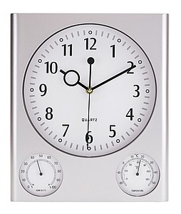 Rectangular wall clock "Saturn" with hygro/ thermometer,colour silver