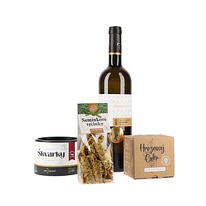 ŠKORCEM Dárková sada vína Chardonnay, semínkových tyčinek, vepřových škvarků a hroznového cukru