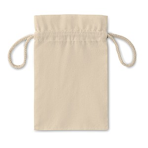 Small gift cotton draw cord bag. Size approx. 14 x 22cm. 105 gr/m2.