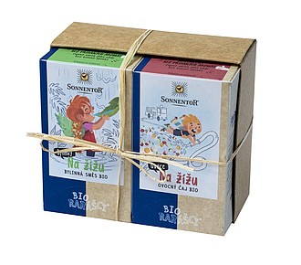The gift set includes a pack of two Sonnentor teas. Herbs on thirst and Fruits on thirst