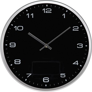 Wall clock with silver frame and click system, black