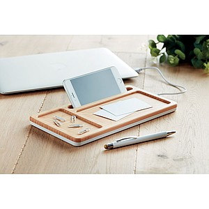 Wireless charger storage box with bamboo top, USB hub and smartphone stand/holder.