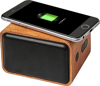 Wooden speaker with wireless charging pad